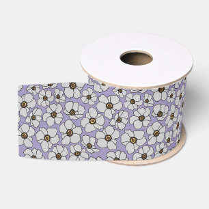 Ruban Gros-grain Fleurs sauvages blanches sur lavande