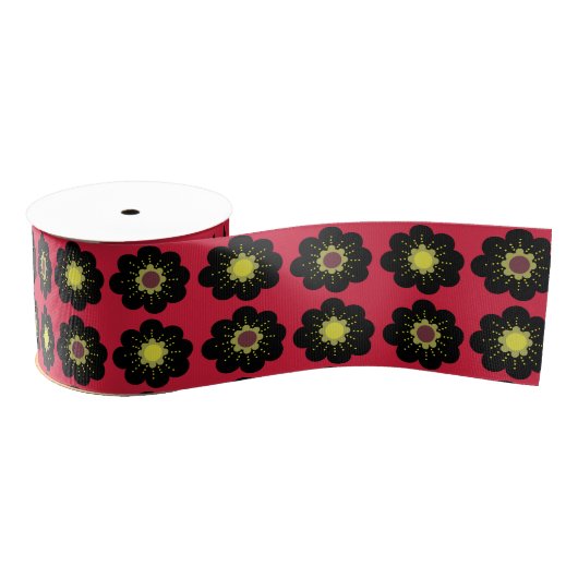Ruban Gros-grain Fleurs scandinaves Noir Rouge (Bobine)