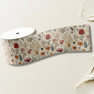 Ruban Gros-grain Fleurs séchées vintage sauvages bordeaux rose jaun