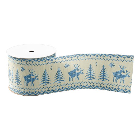Ruban Gros-grain Funny Reindeer Christmas Tree Snow Blue Pattern (Bobine)