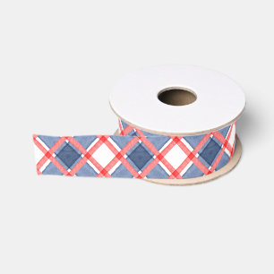 Ruban Gros-grain Gingham à carreaux rouge blanc et bleu à l'aquarel