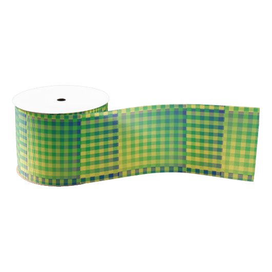 Ruban Gros-grain Green Blue Checker Abstract Pattern (Bobine)