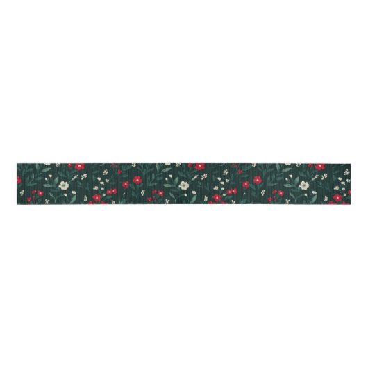 Ruban Gros-grain Green red and white Christmas flowers (Devant)