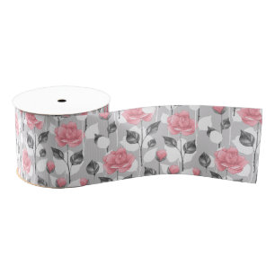Ruban Gros-grain Gris et rose. Motif floral