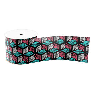 Ruban Gros-grain Grues japonaises, corail, turquoise et noir