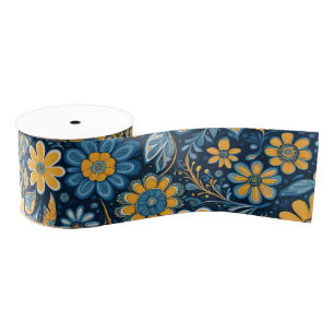 Ruban Gros-grain Hippie rétro Fleurs Vintages Design bleu jaune