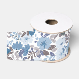 Ruban Gros-grain Jardin Floral Ciel d'Hiver Bleu Poussiéreux et Gri