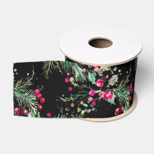 Ruban Gros-grain Joyeux très baie Noël houx rouge aquarelle