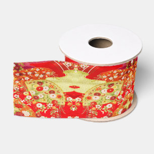 Ruban Gros-grain Kimono Japonais Traditionnel Floral Rouge Or