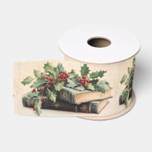 Ruban Gros-grain LIVRES ANCIENS AVEC BAIES DE HOUX Noël vintage de