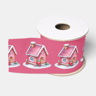 Ruban Gros-grain Maison en pain d'épice rose sur fond rose 