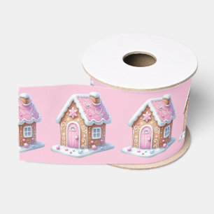 Ruban Gros-grain Maison en pain d'épice rose sur fond rose 