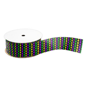 Ruban Gros-grain Mardi Gras Vert, Jaune, Perles violettes sur Noir