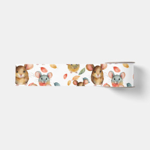 Ruban Gros-grain Mignons Souris à l'aquarelle et Motif de Feuilles