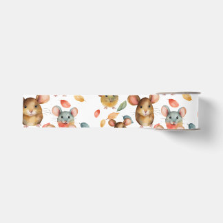Ruban Gros-grain Mignons Souris à l'aquarelle et Motif de Feuilles