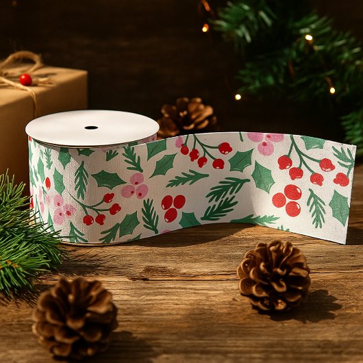 Ruban Gros-grain Modèle floral moderne rouge et vert de Noël