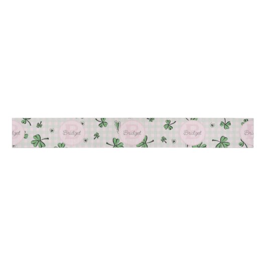 Ruban Gros-grain Monogramme rose et vert Shamrocks & En vichy (Devant)