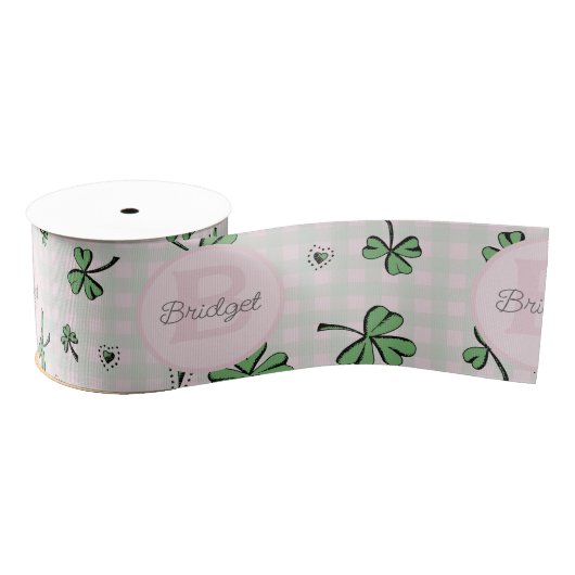 Ruban Gros-grain Monogramme rose et vert Shamrocks & En vichy (Bobine)