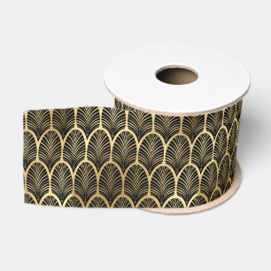 Ruban Gros-grain Motif Art Déco noir et or    Feuille de palmier
