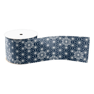 Ruban Gros-grain motif Asanoha japonais - bleu indigo et blanc