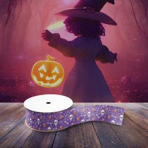 Ruban Gros-grain Motif de café d'Halloween violet os crâne