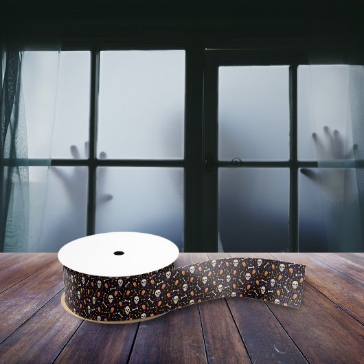 Ruban Gros-grain Motif de café noir Halloween crâne os