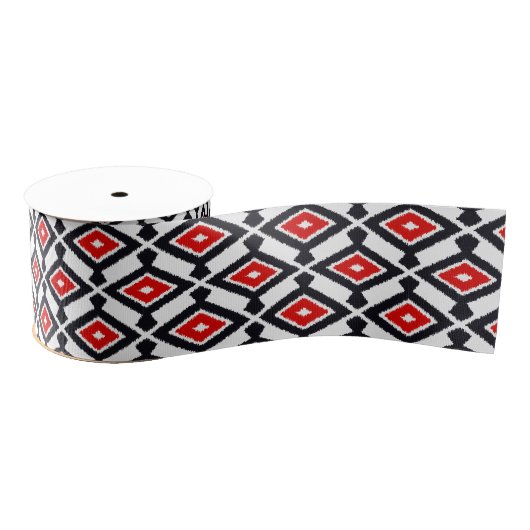 Ruban Gros-grain Motif d'Ikat - rouge foncé, noir et blanc (Bobine)