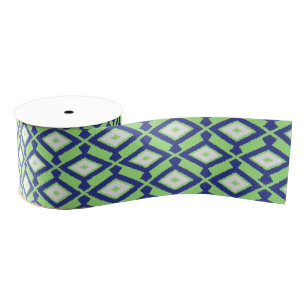 Ruban Gros-grain Motif d'Ikat - vert, bleu d'indigo et blanc