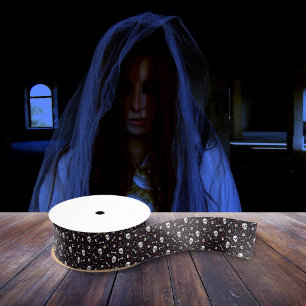 Ruban Gros-grain Motif d'os d'oreilles de crâne d'Halloween noir