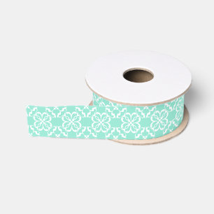 Ruban Gros-grain Motif en treillis floral blanc et menthe