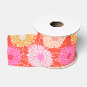 Ruban Gros-grain Motif floral rétro élégant Dahlia rouge rose