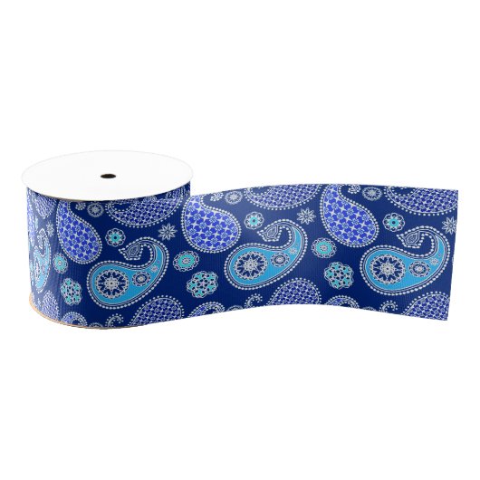 Ruban Gros-grain Motif Paisley, bleu cobalt et blanc (Bobine)