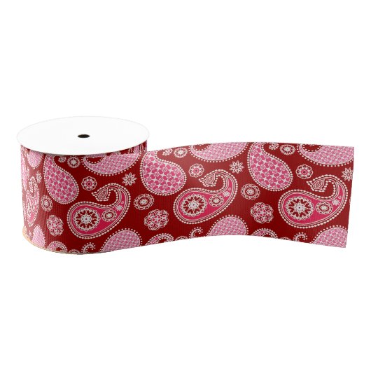 Ruban Gros-grain Motif Paisley, rouge foncé, rose et blanc (Bobine)