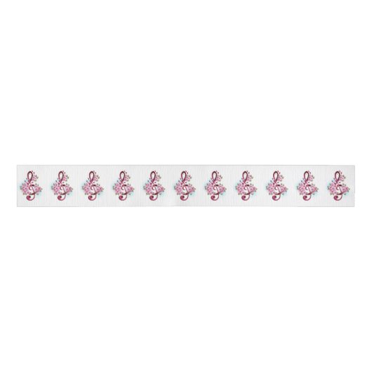 Ruban Gros-grain Musical treble clef notes with sakura flowers (Devant)