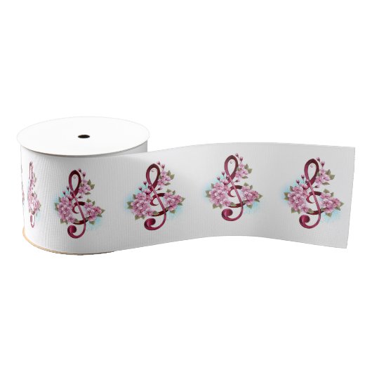 Ruban Gros-grain Musical treble clef notes with sakura flowers (Bobine)