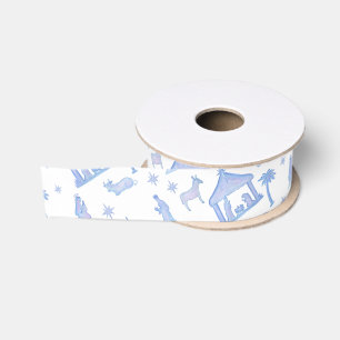 Ruban Gros-grain Noël Nativité Bleu Aquarelle