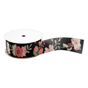 Ruban Gros-grain Noir et corail floraux