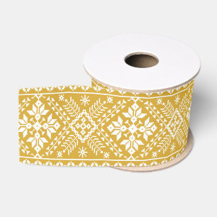 Ruban Gros-grain Or Blanc Flocon de Neige & Floral Fair Isle Noël