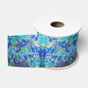 Ruban Gros-grain Or Gold Blue Kimono Japonais Floral Fleur
