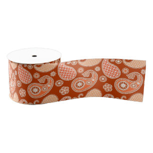 Ruban Gros-grain Paisley motif, Mandarin Orange et Blanc