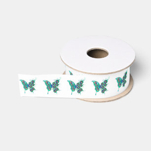 Ruban Gros-grain Papillon aux plumes de paon vert