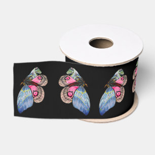 Ruban Gros-grain Papillons Exotiques Bleus Roses Motif