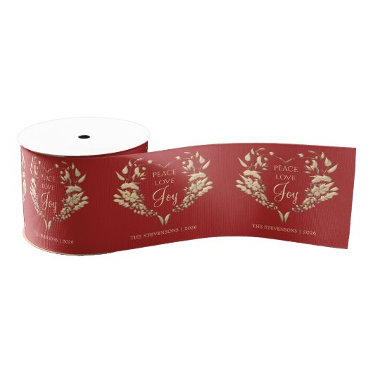 Ruban Gros-grain Peace Love Joy Red Gold Personnalisé (Bobine)