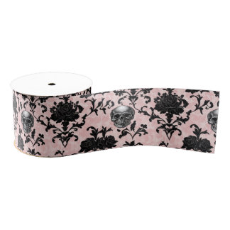 Ruban Gros-grain Pink and Black Goth Skulls and Roses