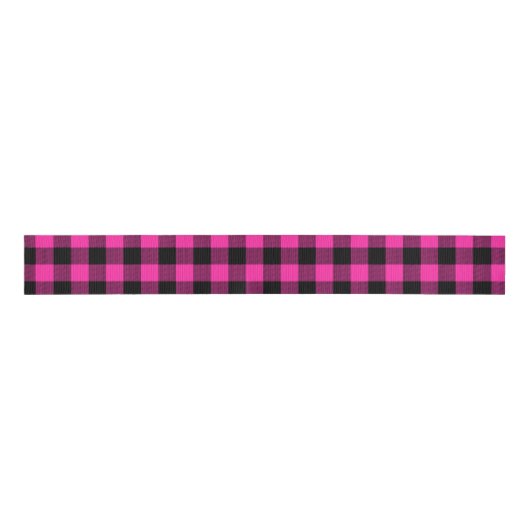 Ruban Gros-grain Plaid Rose chaud rose et noir (Devant)