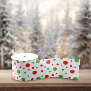 Ruban Gros-grain Points de Noël Verts Rouges Fond Blanc