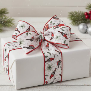 Ruban Gros-grain Red and White Red Cardinal Birds et Holly Motif