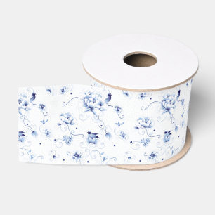 Ruban Gros-grain Rose Oiseau Bleu Chinoiserie Florale