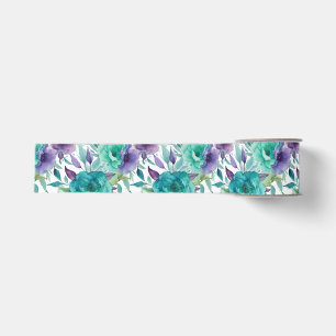 Ruban Gros-grain Roses Bleues Fleurs Aquarelle Violette
