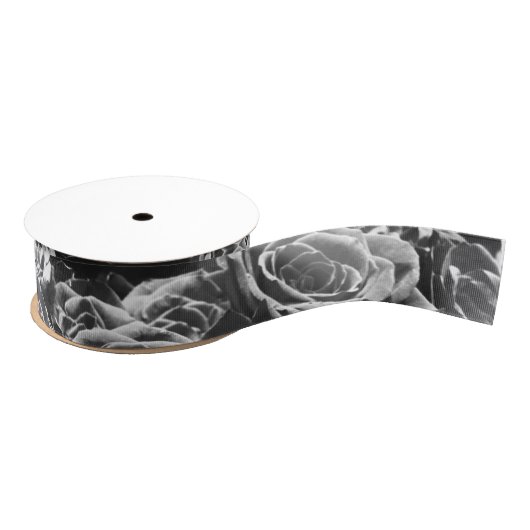 Ruban Gros-grain Roses gris, photo florale grise (Bobine)